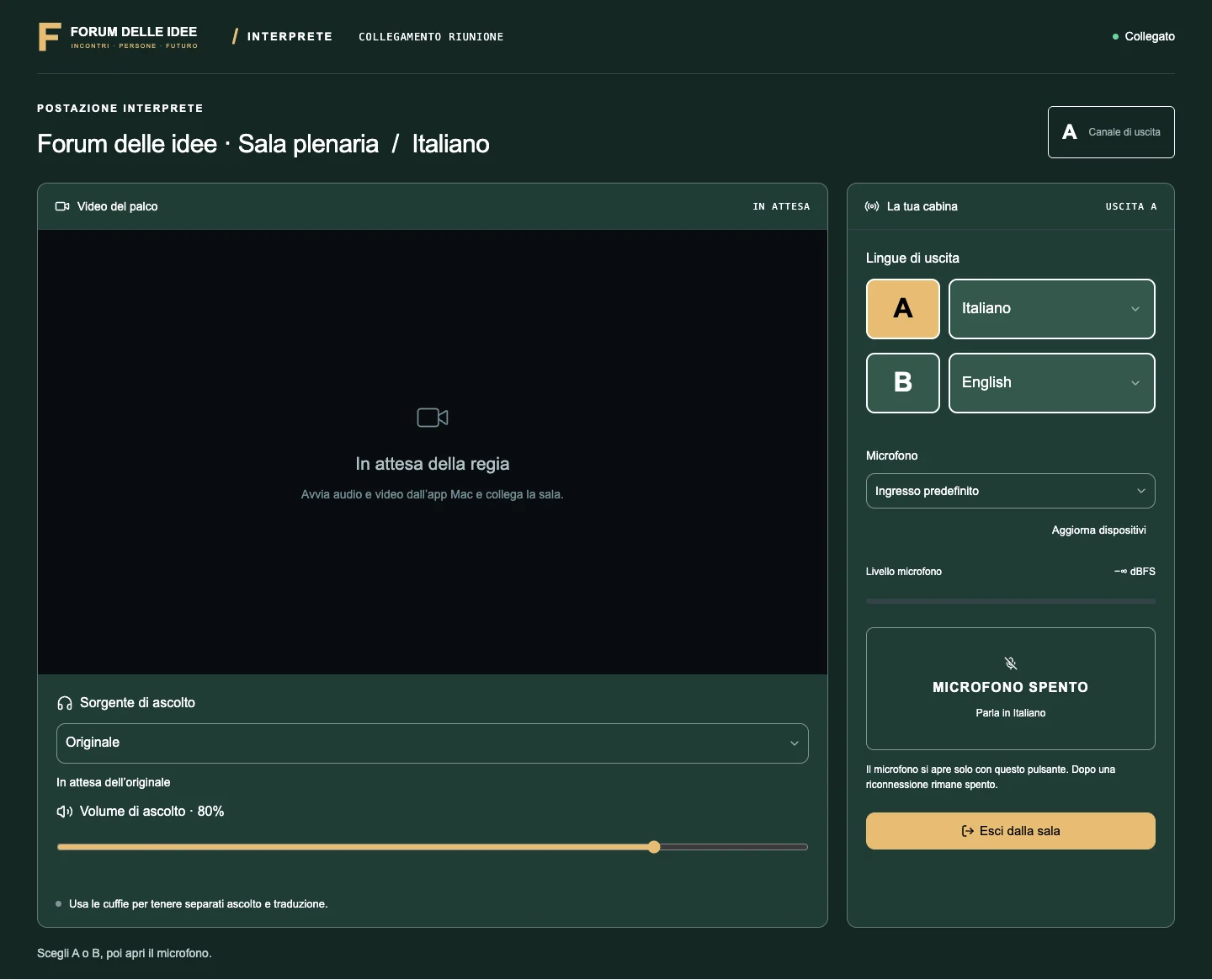 VoxVent interpreter console: video, languages and microphone